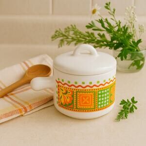 Vintage 1970s Avon Milk Glass Jar Unopened Candle Orange Green Yellow Mod Design